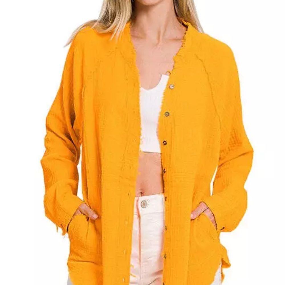 Zenana Cotton Gauze Raw Edge Button- Down